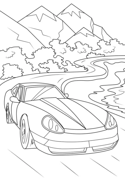 Sports Car Drives Road Backdrop Nature Sea Funny Coloring Book — Stockvektor