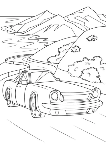 Sports Car Drives Road Backdrop Mountains Sea Funny Coloring Book — Stockvektor