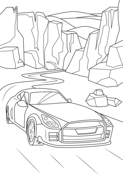 Sports Car Drives Road Backdrop Desert Mountains Funny Coloring Book — Stockvektor