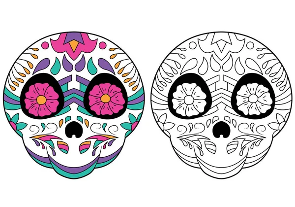 Sugar Skull Coloring Page Day Dead Coloring Book Design Element — 스톡 벡터