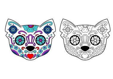 Cat sugar skull with coloring example. The day of the Dead. Coloring book, design element for card, banner, print.