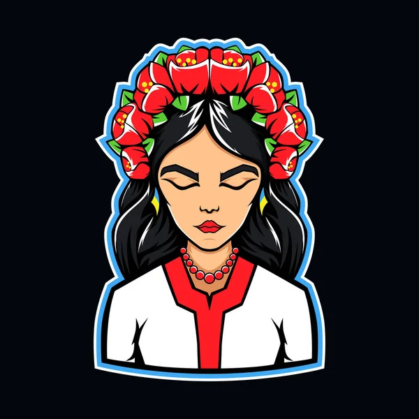 Ukrainian Girl Wreath Poppies National Dress Logo Sticker Design Element — 图库矢量图片