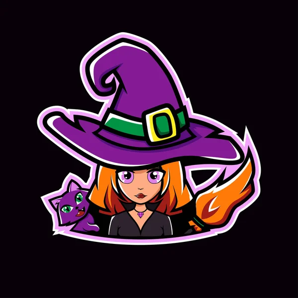 Cute Little Witch Cat Broom Sticker Design Element Logo Vector — Vetor de Stock