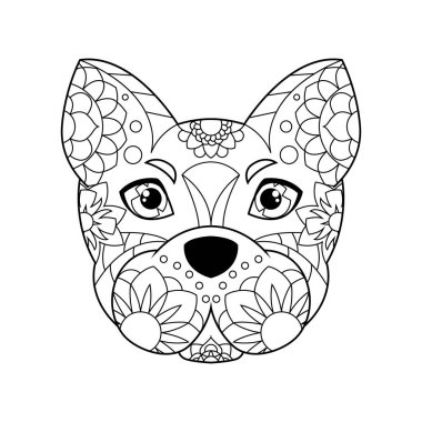 Çocuklar için boyama kitabı. Zentangle tarzında baş köpek. Çocuklar için görev, bir kitapta ya da dergide kullanılabilir. Vektör illüstrasyonu