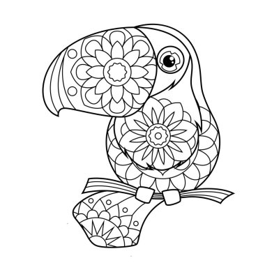 Çocuklar için boyama kitabı. Zentangle tarzında şirin bir tukan. Çocuklar için görev, bir kitapta ya da dergide kullanılabilir. Vektör illüstrasyonu
