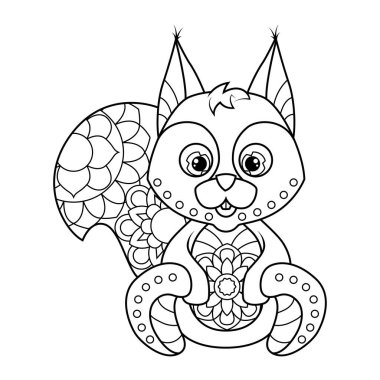  Çocuklar için boyama kitabı. Zentangle tarzında şirin bir sincap. Çocuklar için olan görev bir kitapta, dergide kullanılabilir. Vektör illüstrasyonu