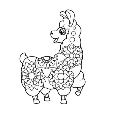 Çocuklar için boyama kitabı. Zentangle tarzında şirin alpaka. Çocuklar için olan görev bir kitapta, dergide kullanılabilir. Vektör illüstrasyonu