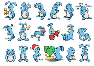 Mavi tavşan çıkartması seti. Farklı pozlarda ve farklı duygularda sevimli bir karakter. Bir dizi duygu simgesi ve tasarım elementleri. Vektör grafikleri