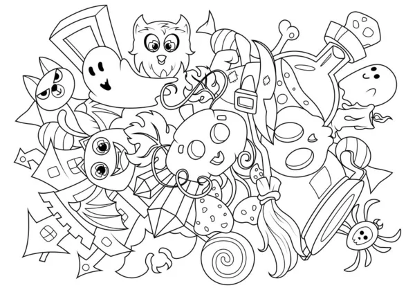 Doodle Coloração Para Crianças Sobre Tema Halloween Monstros Itens Engraçados — Vetor de Stock