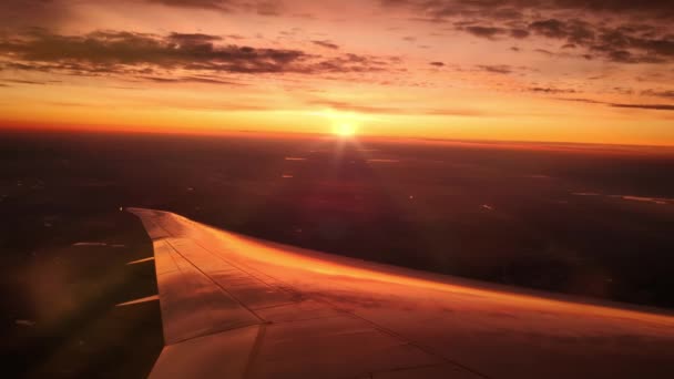 Jet está volando en el cielo rosado de la noche sobre la tierra con el sol poniéndose al fondo — Vídeos de Stock
