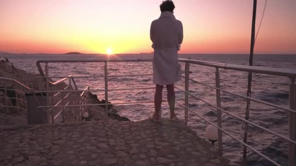 Задний вид человека, стоящего на смотровой площадке, смотрящего на закат над океаном и говорящего по мобильному — стоковое видео