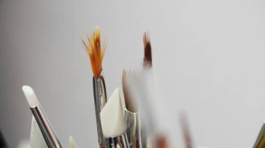 Beyaz arka planda çekilen farklı profesyonel makyaj fırçalarının makro görünümü