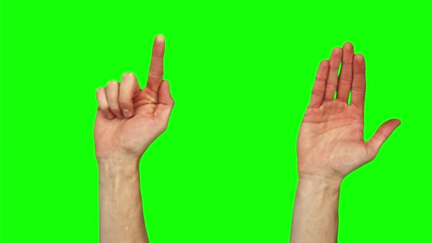 30 gester för att styra virtuell pekskärm med manlig kaukasisk hand på grön skärm — Stockvideo