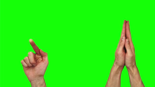 20 różnych gestów języka ciała i sterowanie wirtualnym wyświetlaczem białej męskiej dłoni na zielonym ekranie — Wideo stockowe