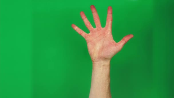 7 gesturi ale limbajului corpului numărătoarea inversă cronometru sau număr de numărare cu mâinile caucaziene de sex masculin afișate pe verde — Videoclip de stoc