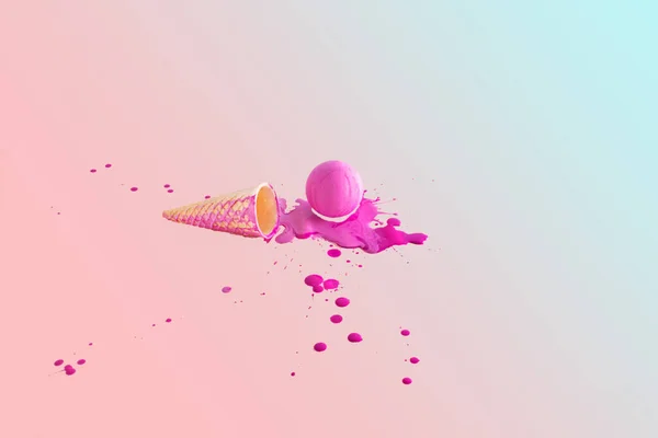 Ice Cream Cone Hot Pink Ball Paint Spilled Minimal Summer — Stock Photo, Image