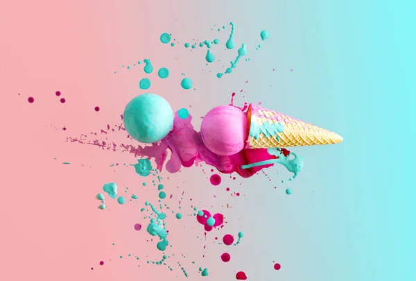 Pastel Blue Pink Painted Balls Composed Ice Cream Cone Paint — Stock Photo, Image