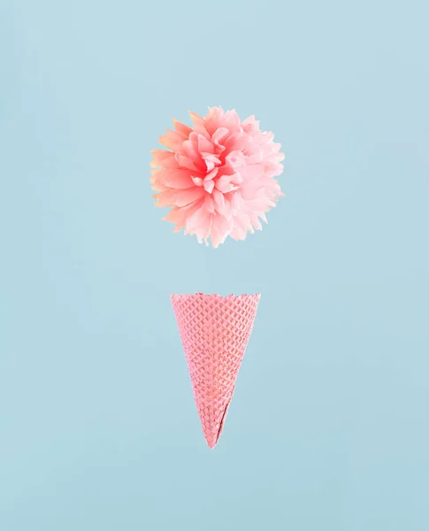 Crunchy Wafer Cone Pink Flower Sky Blue Background Minimal Spring — Stockfoto