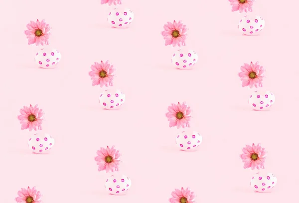 Cute Springtime Inspired Pattern Pastel Pink Background Eggshells Red White — Stock Photo, Image