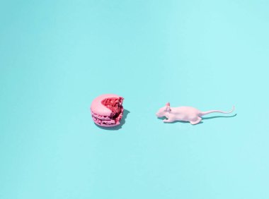 S fare oyuncağı ve pembe kurabiye, ısırılarak koparılmış. Pastel mavi arka plana karşı minimum sürreal düzenleme. Karşı konulmaz bir cazibe..