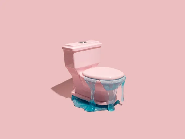 Pastel Pink Toilet Bowl Blue Jell Leaking Creative Flood Concept — Stock Photo, Image
