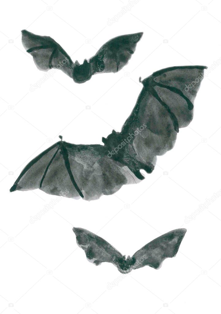 Black and white Halloween decoration. Abstract watercolor images of mystic night animals. Set of flying bats in different poses for decorating cards and posters.