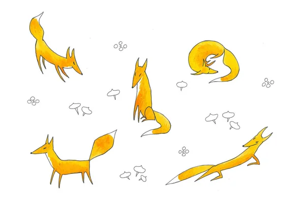 Isolated Images Cute Cartoon Yellow Fox Various Funny Poses Pattern — Stock Photo, Image