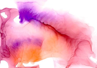Soyut hacimli suluboya sıçraması. Derin mordan şeffaf pembeye inanılmaz bir gradyanı var. Parlak tropikal duvar kağıdı, şenlikli ambalaj kağıdı, afiş veya tatil kartı için egzotik arka plan.