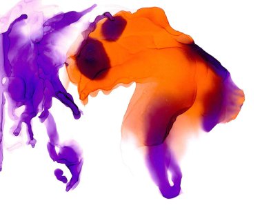 Soyut biçimlendirilmiş insan silueti kalın renklerde. Modern resim, akışkan sanat tekniği. Turuncu-menekşe renginde son moda duvar kağıdı. Kabarık saçlı bir kadının etkileyici dinamik görüntüsü.