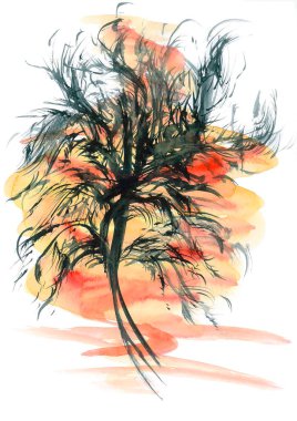 Sıcak renklerde soyut, canlı bir illüstrasyon. Alevli sarı şeftali renginde zarif bir günbatımı gökyüzü. Dalgalı kabarık dalları olan ağacın açık siyah silueti. Parlak suluboya yaz duvar kağıdı.