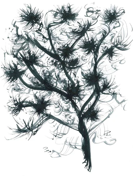 Árvore Preta Aquarela Estilizada Com Flores Fofas Esféricas Gráficos Místicos — Fotografia de Stock