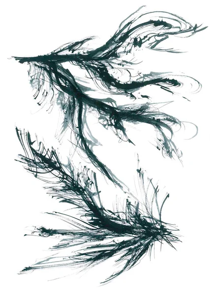Stylized Watercolor Black Tree Branches Painting Fluffy Curved Lines Amazing — Stock Photo, Image