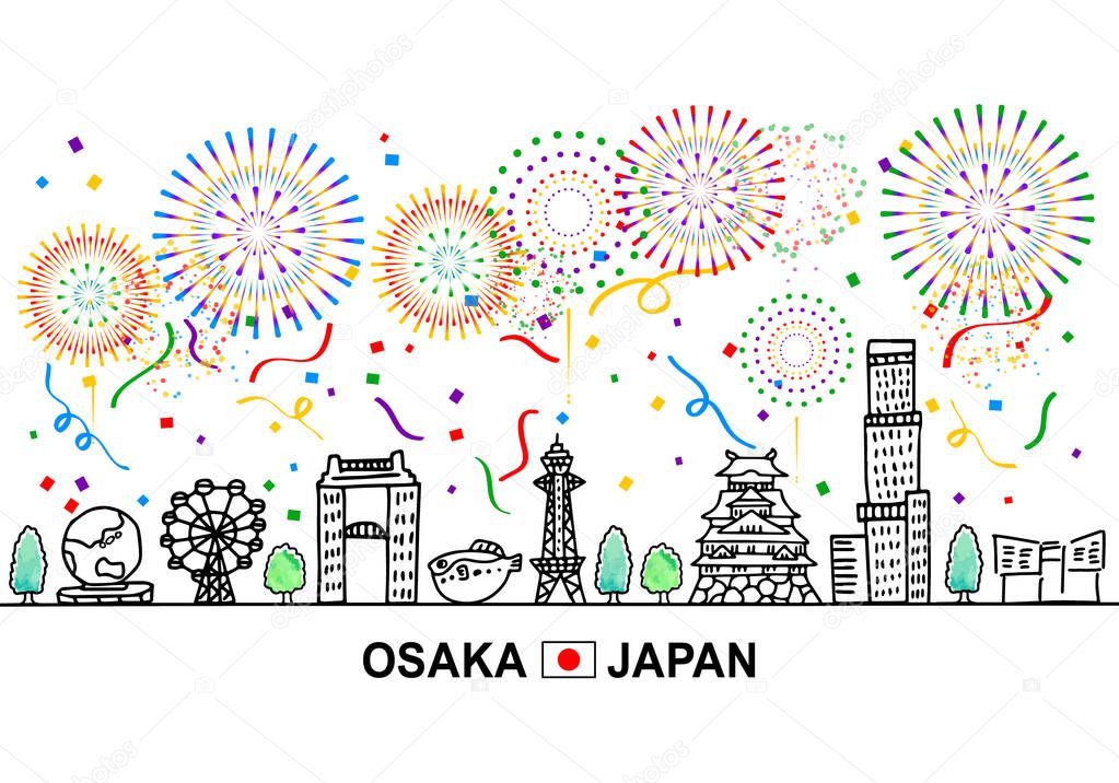 hand drawing cityscape OSAKA Japan and fireworks