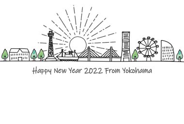 El çizimi şehir manzarası YOKOHAMA Yeni Yıl Kartı 2022 şablonu