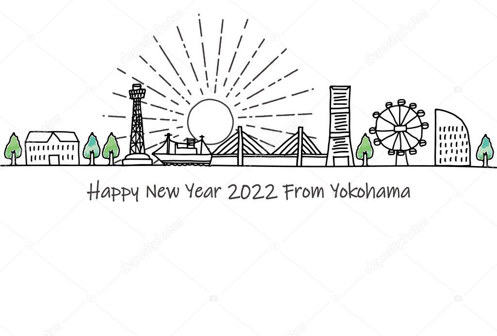 hand drawn cityscape YOKOHAMA new year card 2022 template