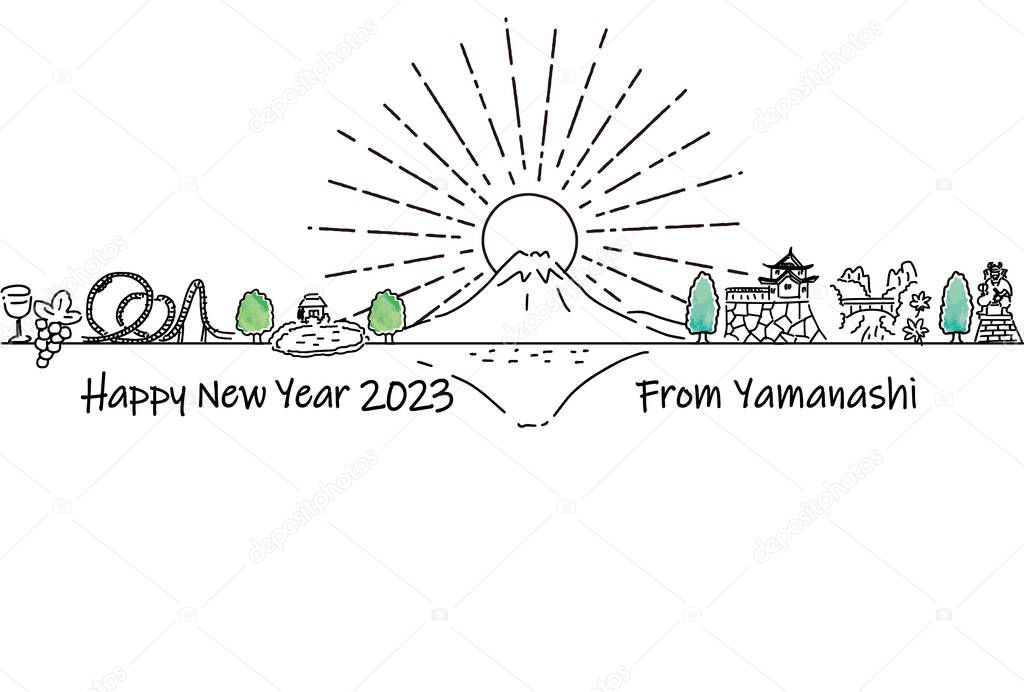 hand drawing cityscape YAMANASHI prefecture new year card 2023 template