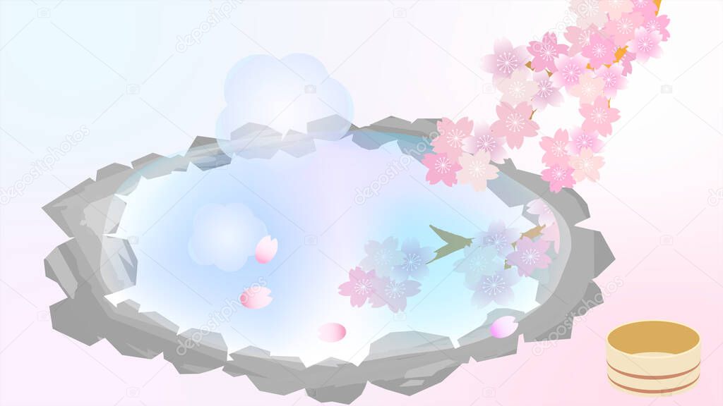 Japanese style hot spring and cherry blossom in Spring illustration