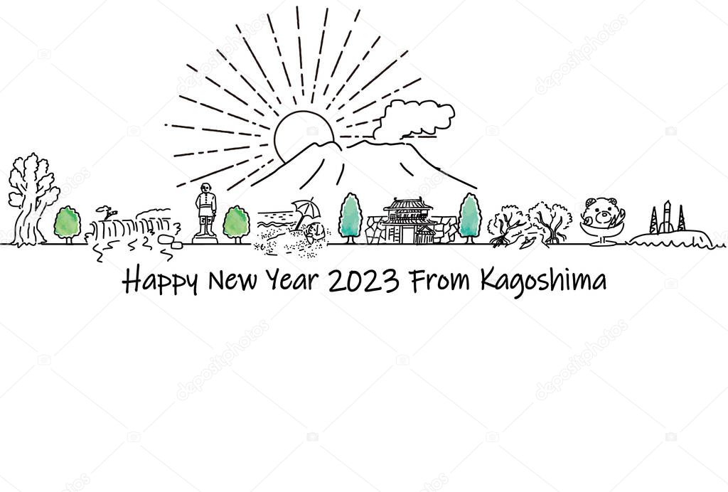 hand drawing cityscape prefecture KAGOSHIMA new year card 2023 template