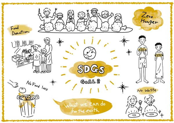 Objetivos Desarrollo Sostenible Goal2 Cero Hunger Conjunto Ilustraciones Dibujadas Mano — Vector de stock