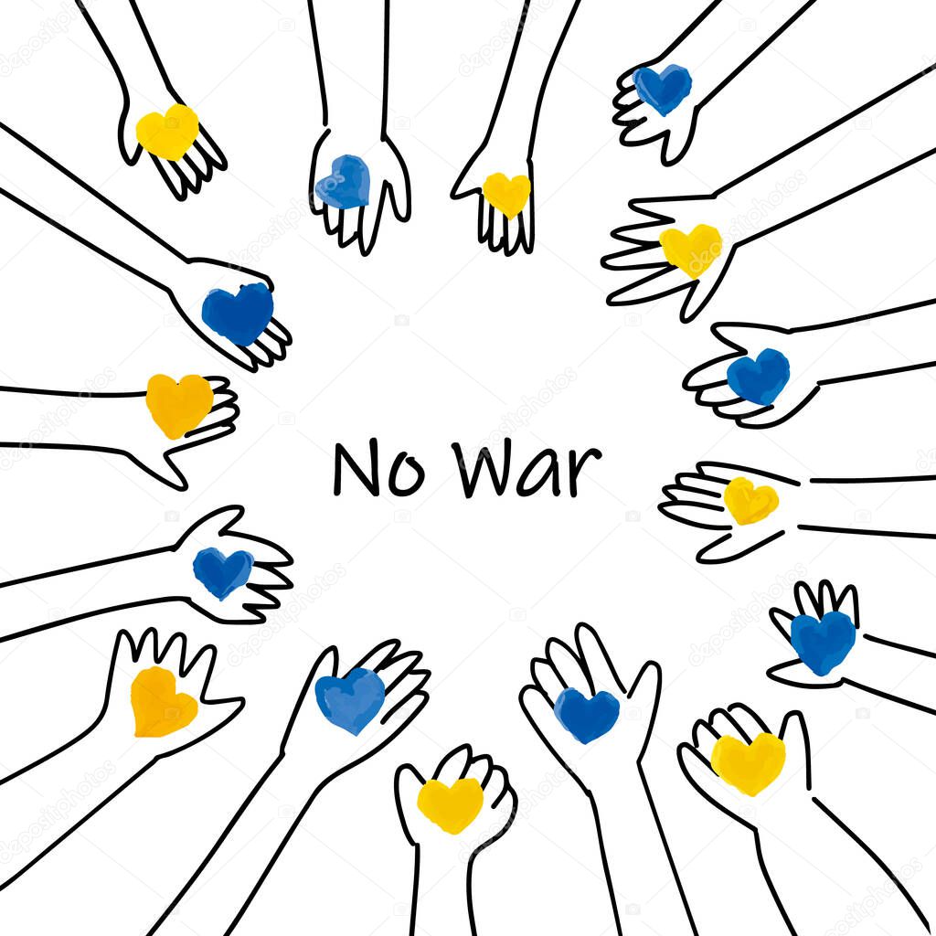 NO WAR and hands with hearts frame illustration blue and yellow