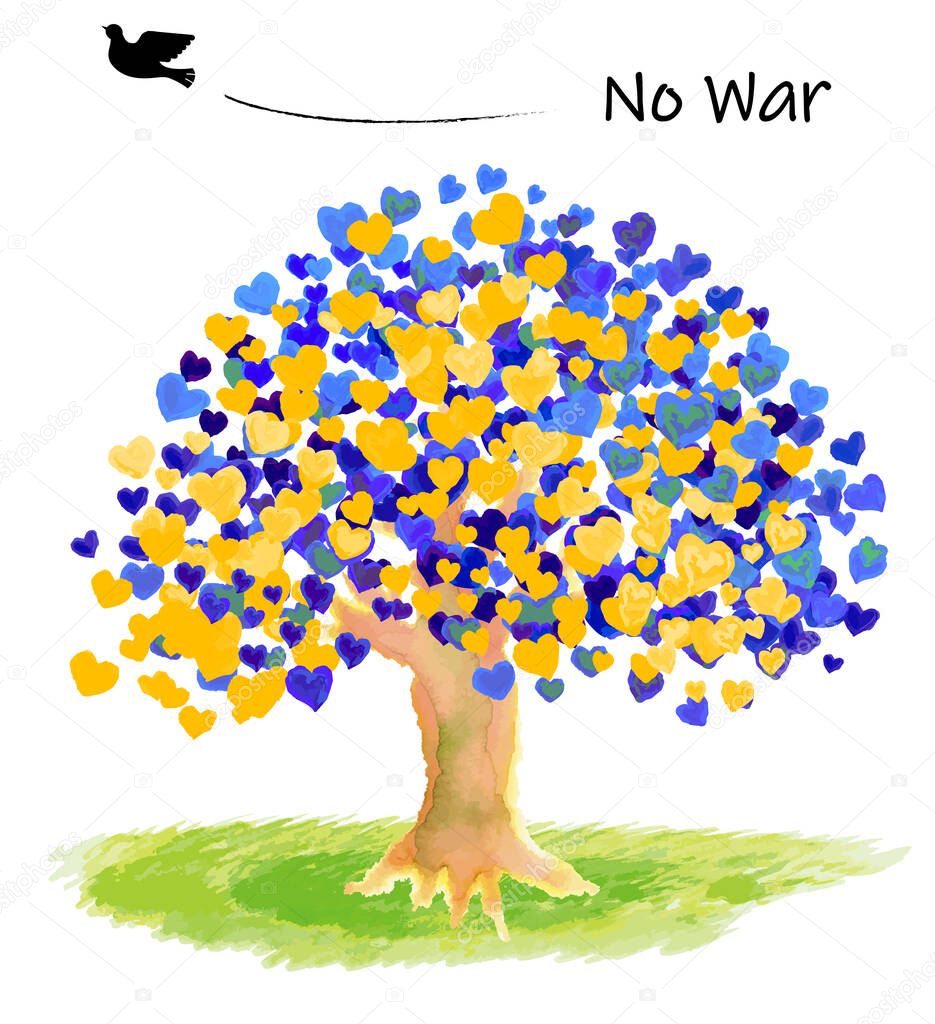 Dove of Peace and heart shape leaves tree with no war message