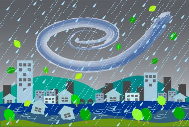 City flooded by typhoon illustration, vector