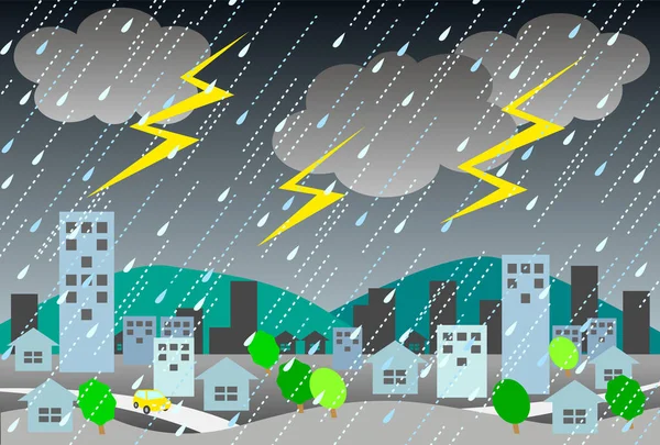 Cityscape Heavy Rain Thunder Illustration — Stock Vector