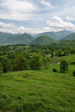 Ariege Pirenes Fransa 'da bulutlu gökyüzü olan yeşil dağ manzarası