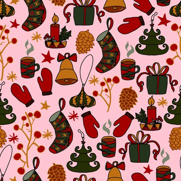 Natal Ano Novo Doodles Vetor Padrão Sem Costura Fundo Inverno — Vetor de Stock