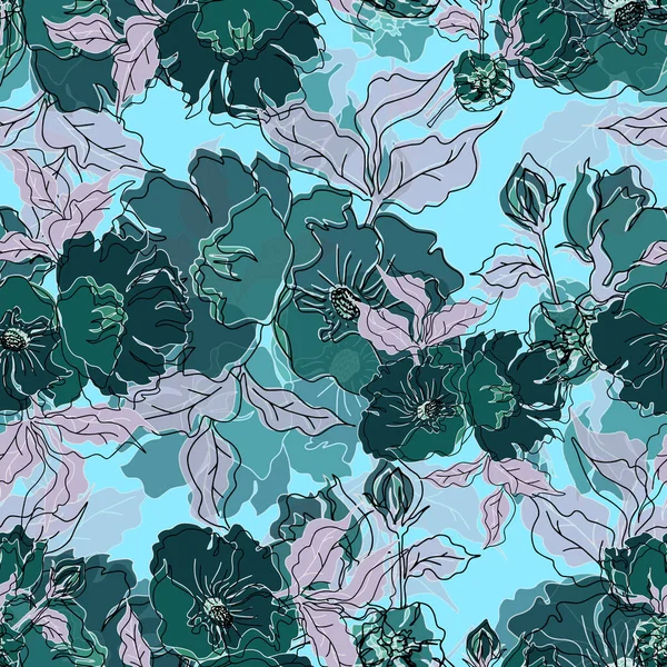 Vector Seamless Pattern Flowers Leaves Botanical Illustration Wallpaper Textile Fabric — Stock Vector