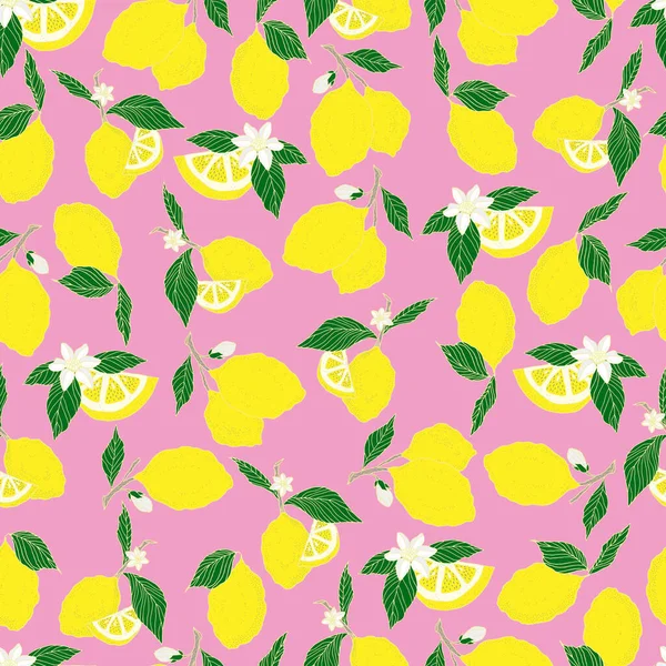 ピンクの背景にベクトルのシームレスなパターンレモンとスライスレモン 招待状 ウェブページのための夏のレモンパターン — ストックベクタ