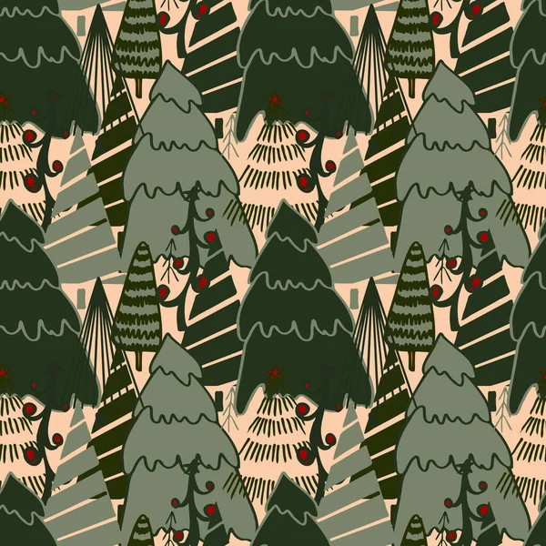 クリスマスの背景ベクトル様式化されたクリスマスツリーのシームレスなパターン 包装紙 招待状 紙やカード ウェブサイトの背景のための壁紙 新年とクリスマスのお祝いの森の針葉樹 — ストックベクタ