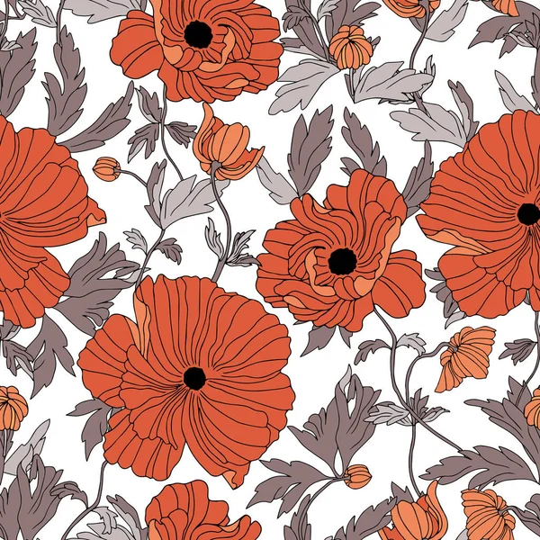 Vector Flores Patrón Sin Costura Amapolas Con Hojas Ilustración Botánica — Archivo Imágenes Vectoriales