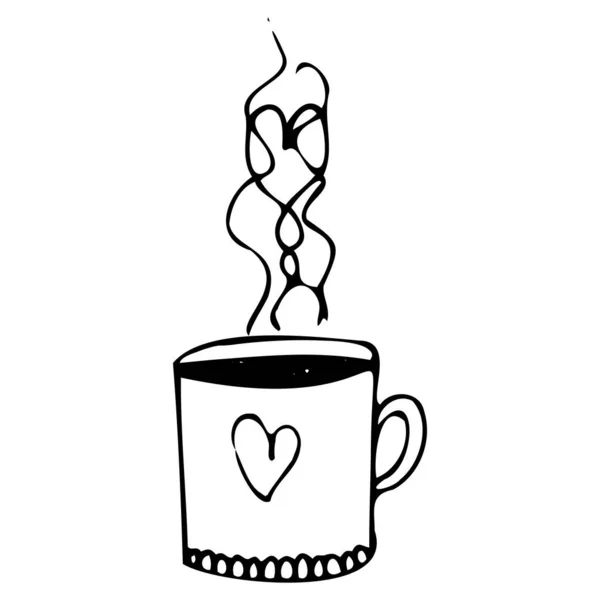 Mano Disegno Contorno Cuore Una Tazza Caffè Modello Amore Cartolina — Vettoriale Stock